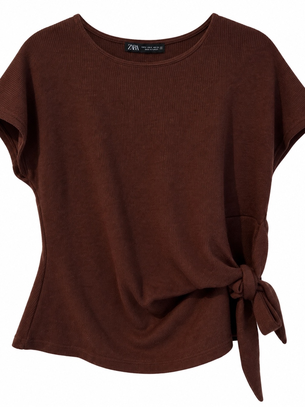 Zara Brown Short Sleeve Side-Tie Ribbed Top